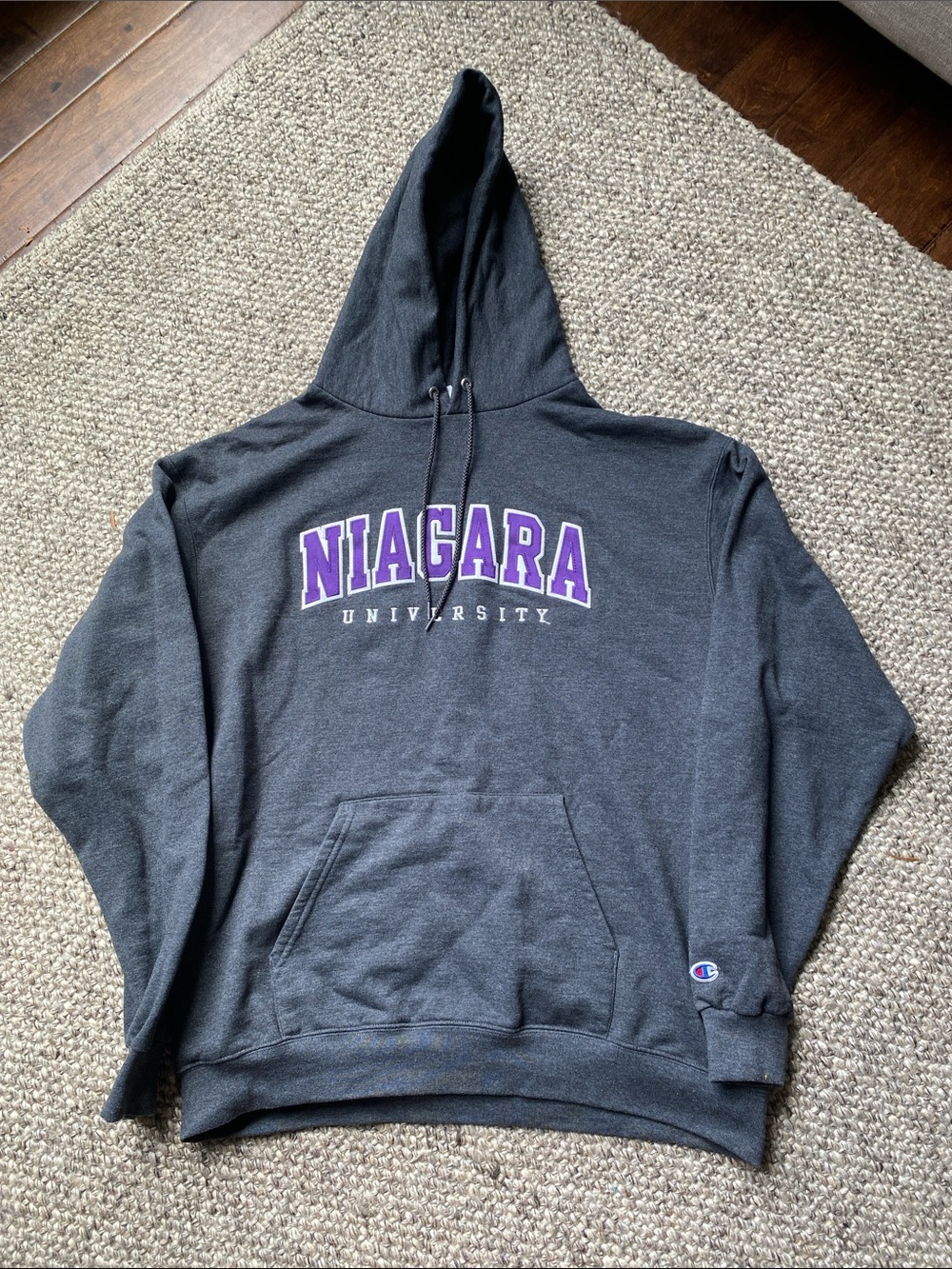 Champion Charcoal Hoodie with Purple Niagara Script